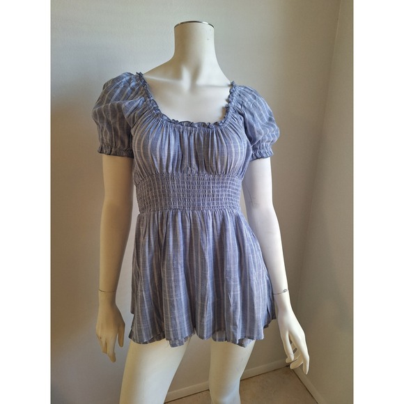 indulge Pants - Indulge Blue White Striped Smocked‎ Romper Puff Sleeve Cottagecore Small NEW